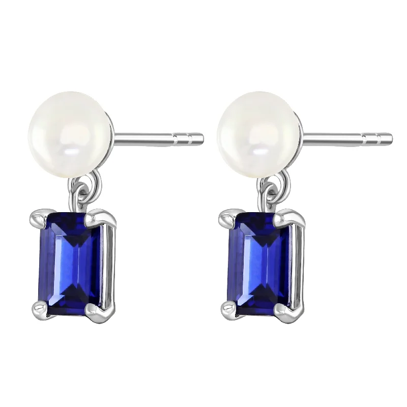 Pearl - Set Minimalist Stud Earrings in White for a Classic and Elegant AppearanceSilver Pearl Dark Blue Tanzanite Cubic Zirconia Stud Drop Earrings