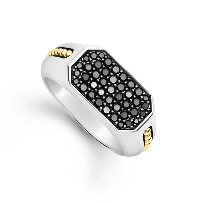 Geometric - Shaped Fashion Rings in Titanium with Iridescent InlaysLAGOS Anthem Two-Tone Octagon Black Diamond Ring in Sterling Silver and 18K Yellow Gold