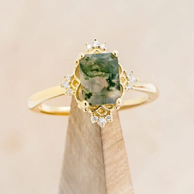 Men's Peridot Engagement Rings in 14K Gold - Filled Metal with a Micro - Pave Setting"TREVA" - EMERALD CUT MOSS AGATE ENGAGEMENT RING WITH DIAMOND ACCENTS