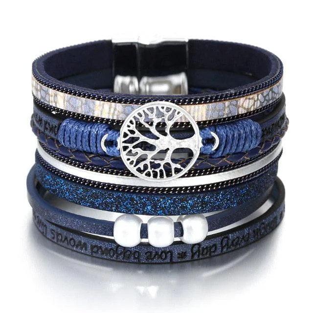 Adjustable Women's Elastic Cuff Bracelets with Pearl Accents for a Feminine Touch'Wise Words' Tree of Life Charm Bracelet - blue