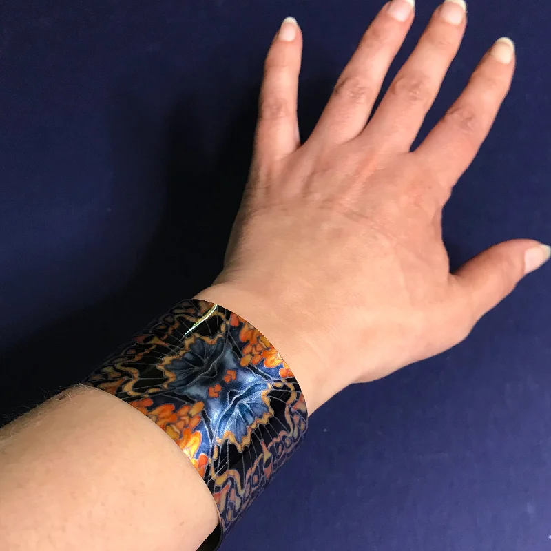 Women's Cuff Bracelets with Celtic Knot Patterns for a Mysterious and Cultural AppealCharcoal Blue Orange Butterfly Moth Cuff Bracelet - Comtemporary Green Bangle - easy wear lightweight aluminium.