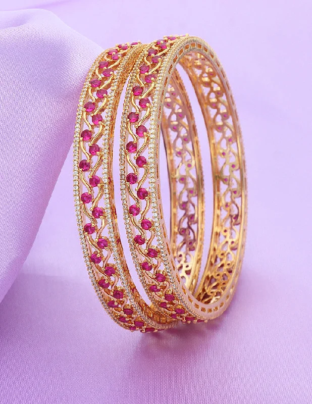 Vintage - Inspired Bangle Bracelets with Filigree and Rhinestone AccentsDesigner Zirconia Rani Pink Bangles ZBGL11085