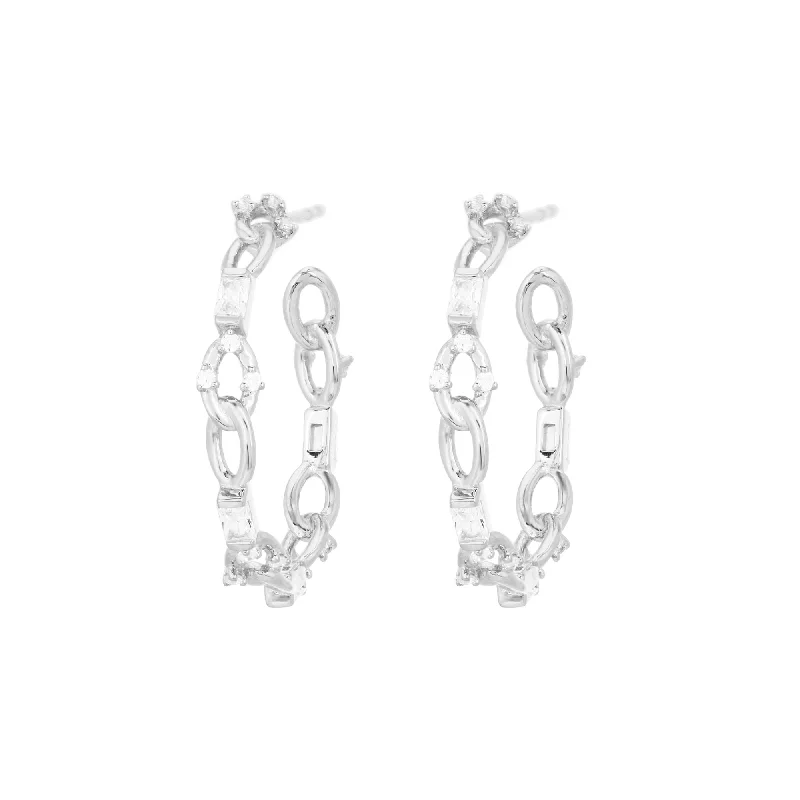 Lightweight hoop earringsBaguette Chain White Rhodium on Silver Hoops w. Zirconia