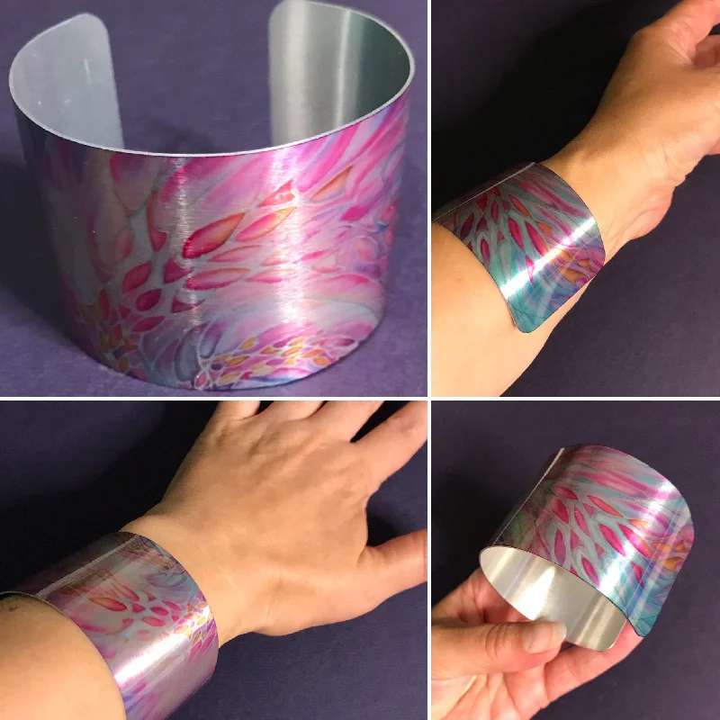 Large - Sized Women's Leather Cuff Bracelets with Studded Details for a Punk - Rock VibePretty Peach Pink Turquoise Swirling Sea Shoal Bracelet - Statement Cuff Bracelet - easy wear lightweight aluminium.