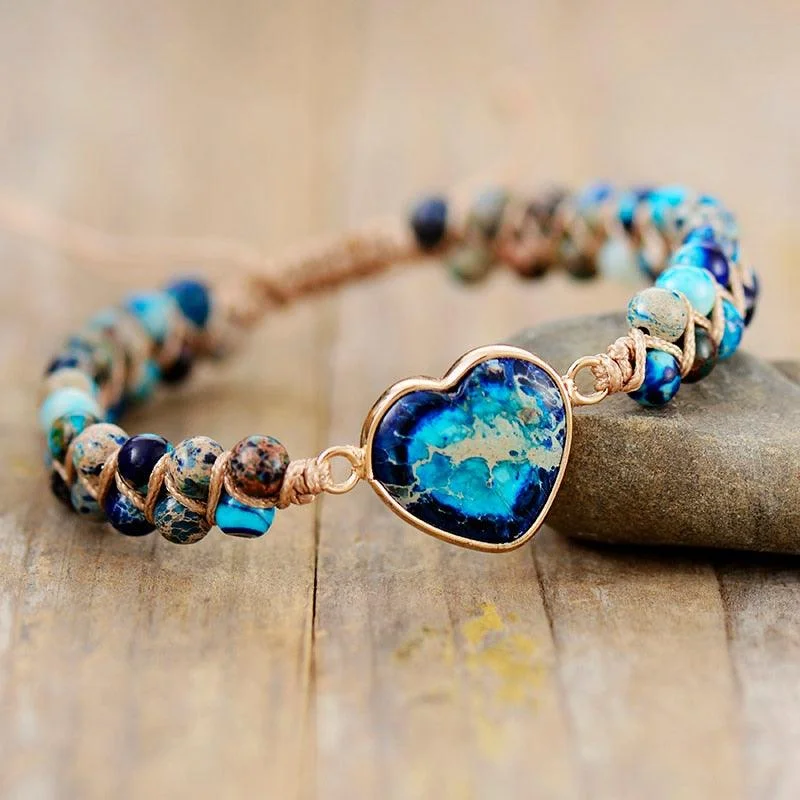 Gold - Plated Women's Cuff Bracelets with Precious Gemstone Inlays for Luxury and EleganceJasper Heart Charm Braided Bracelet - blue