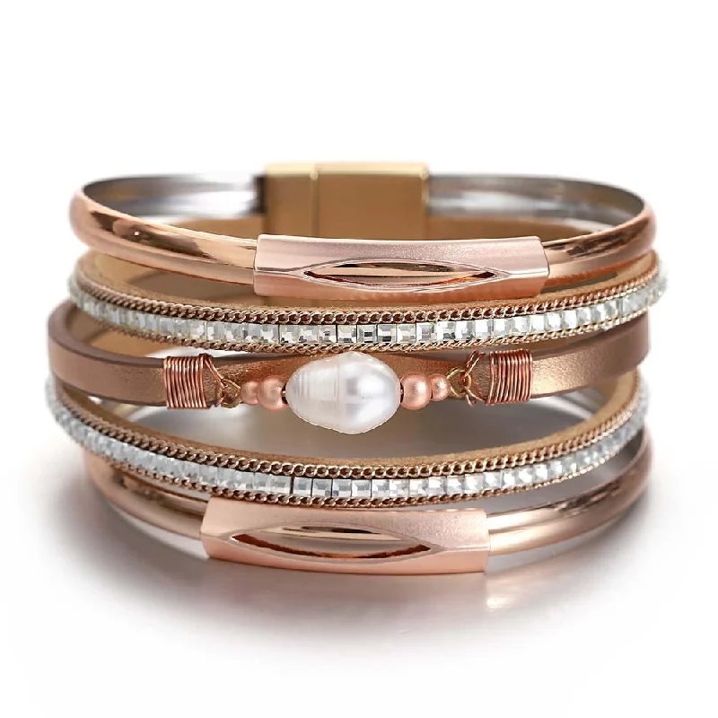 Women's Cuff Bracelets with Tassel Decorations for a Boho - Chic Style'Pearl' Charm & Rhinestones Cuff Bracelet - rose gold