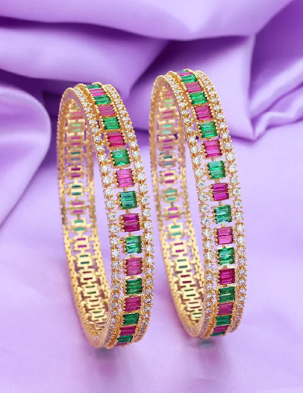 Pearl - Adorned Bangle Bracelets with Delicate Silver ChainsDesigner Zirconia Ruby & Emerald Bangles ZBGL11118