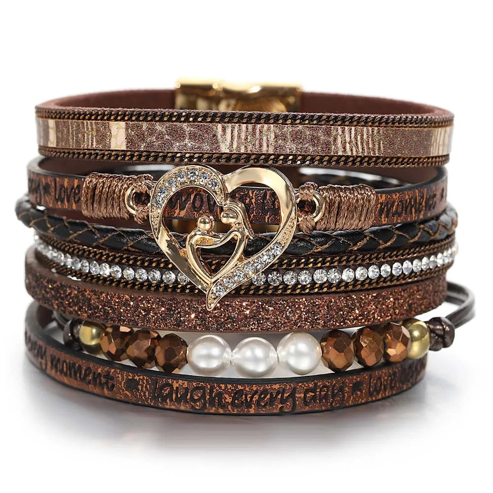 Magnetic Closure Women's Cuff Bracelets with Crystal Embellishments for Easy Wear'Inspired Heart' Rhinestones and Beads Bracelet - brown