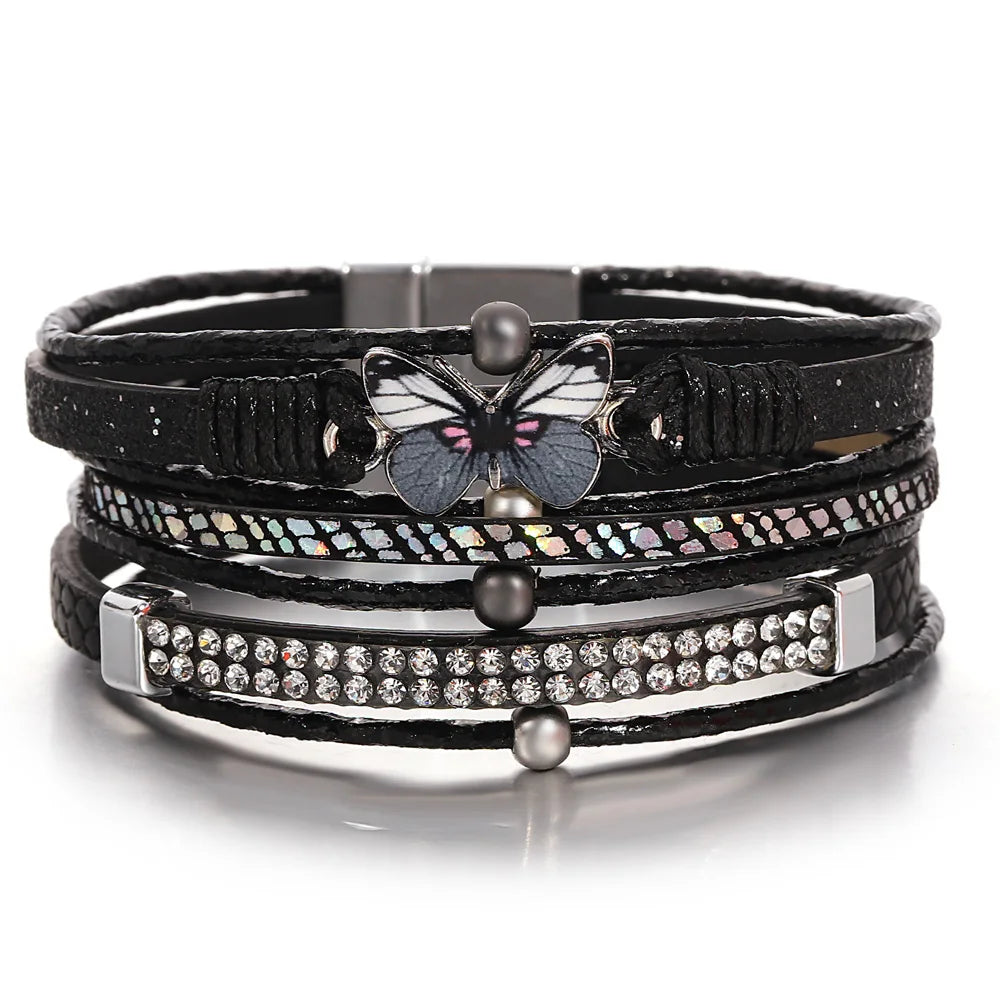 Adjustable Women's Elastic Cuff Bracelets with Pearl Accents for a Feminine Touch'Butterfly' Charm Cuff Bracelet - black