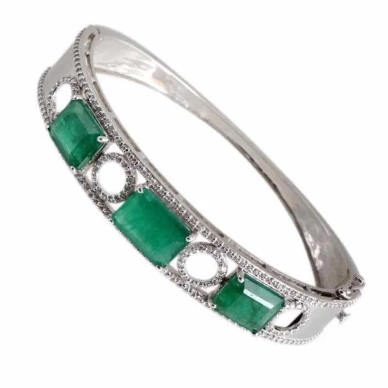 Plus Size Women's Wide Bangle Bracelets in Matte Finish for a Statement Piece18K White Gold Emerald Cz Bangle