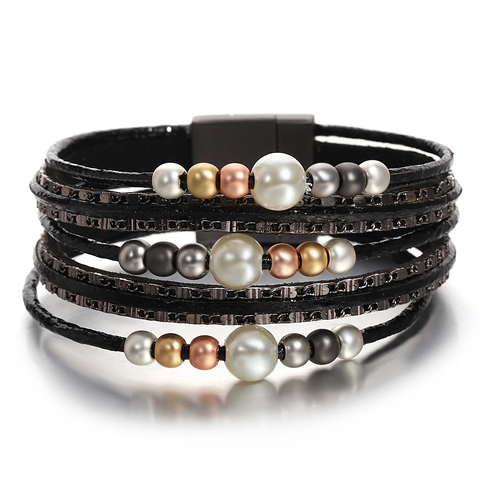 Women's Sterling Silver Cuff Bracelets with Engraved Floral Patterns for a Romantic Look'Girinya' Pearl Beads Cuff Bracelet - black