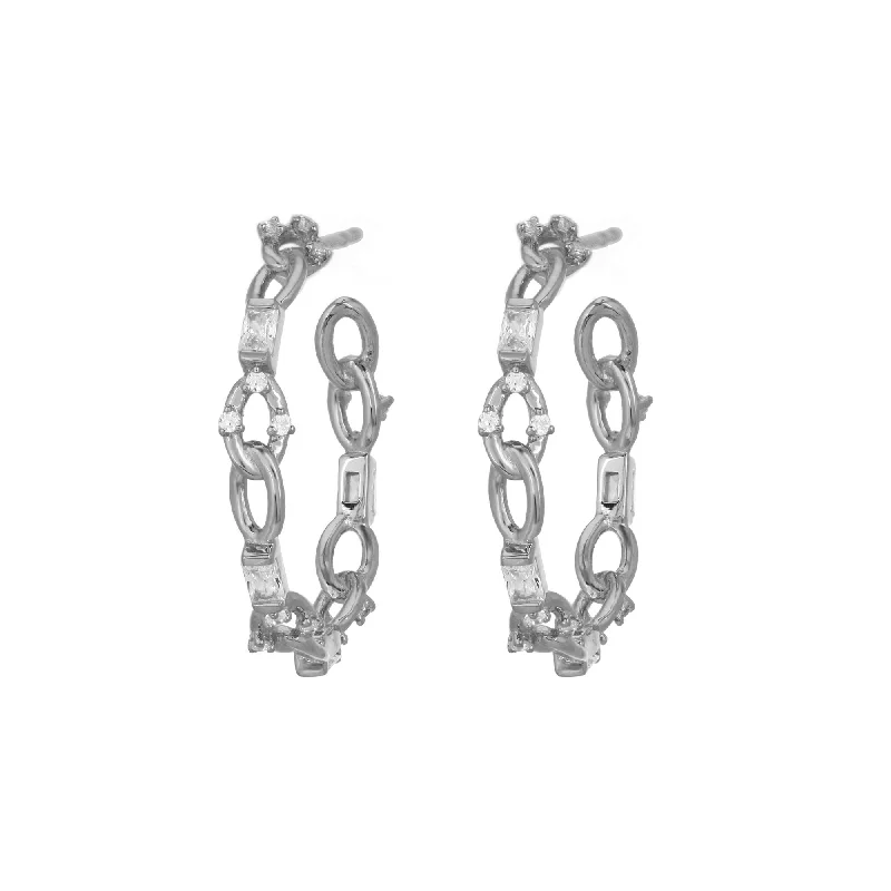 Sterling silver hoop earringsBaguette Chain Black Ruthenium on Silver Hoops w. Zirconia