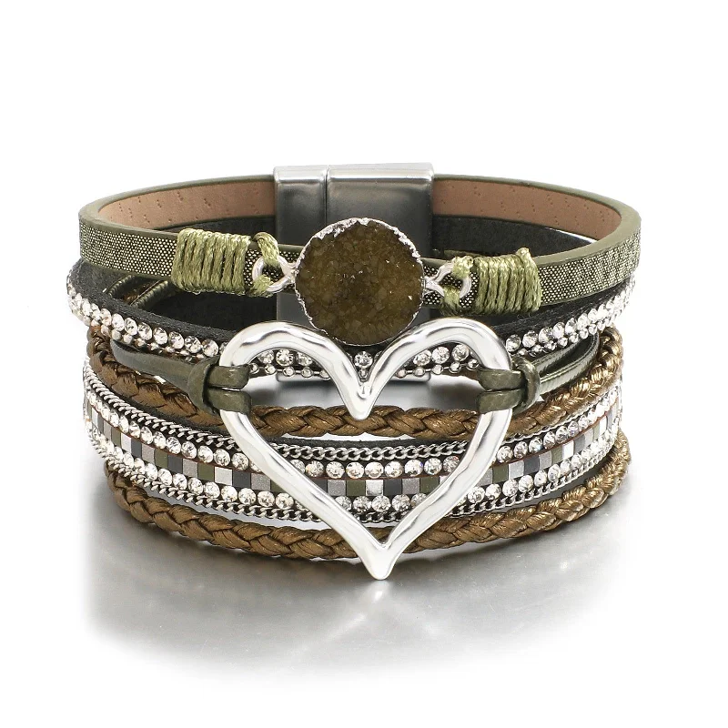 Stackable Women's Cuff Bracelets in Different Sizes and Materials for Layered Styling'Dalgu' Heart Charm Cuff Bracelet - olive