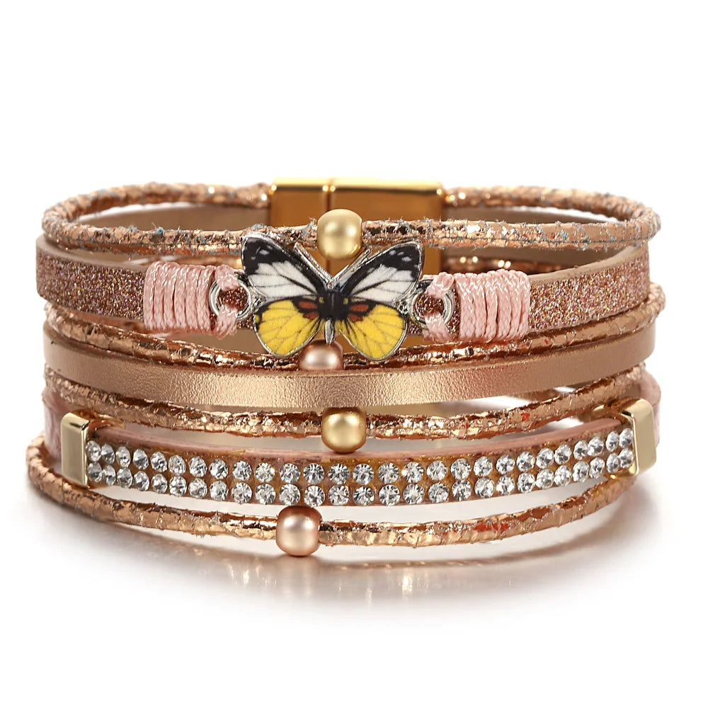 Large - Sized Women's Leather Cuff Bracelets with Studded Details for a Punk - Rock Vibe'Butterfly' Charm Cuff Bracelet - rose gold