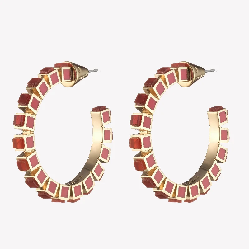 Hypoallergenic hoop earringsSMALL INLAID CUBE HOOPS - CARNELIAN