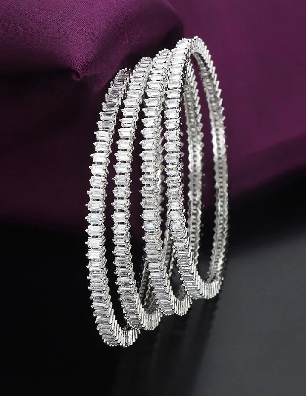 Boho - Style Bangle Bracelets with Feather and Bead EmbellishmentsDesigner Zircon Rhodhium Plated Bangles ZBGL10175