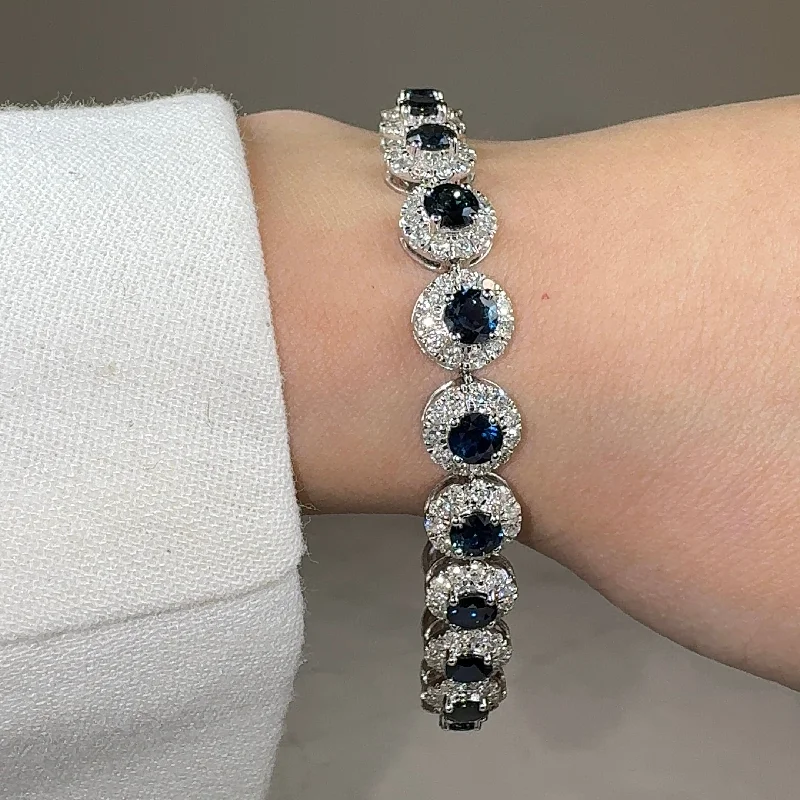 Bangle Bracelets with Adjustable Screw - Closures for a Secure FitRound Brilliant Shape 8.5 Carat Sapphire Center Featuring Diamond Halo Bracelet BRHARBS