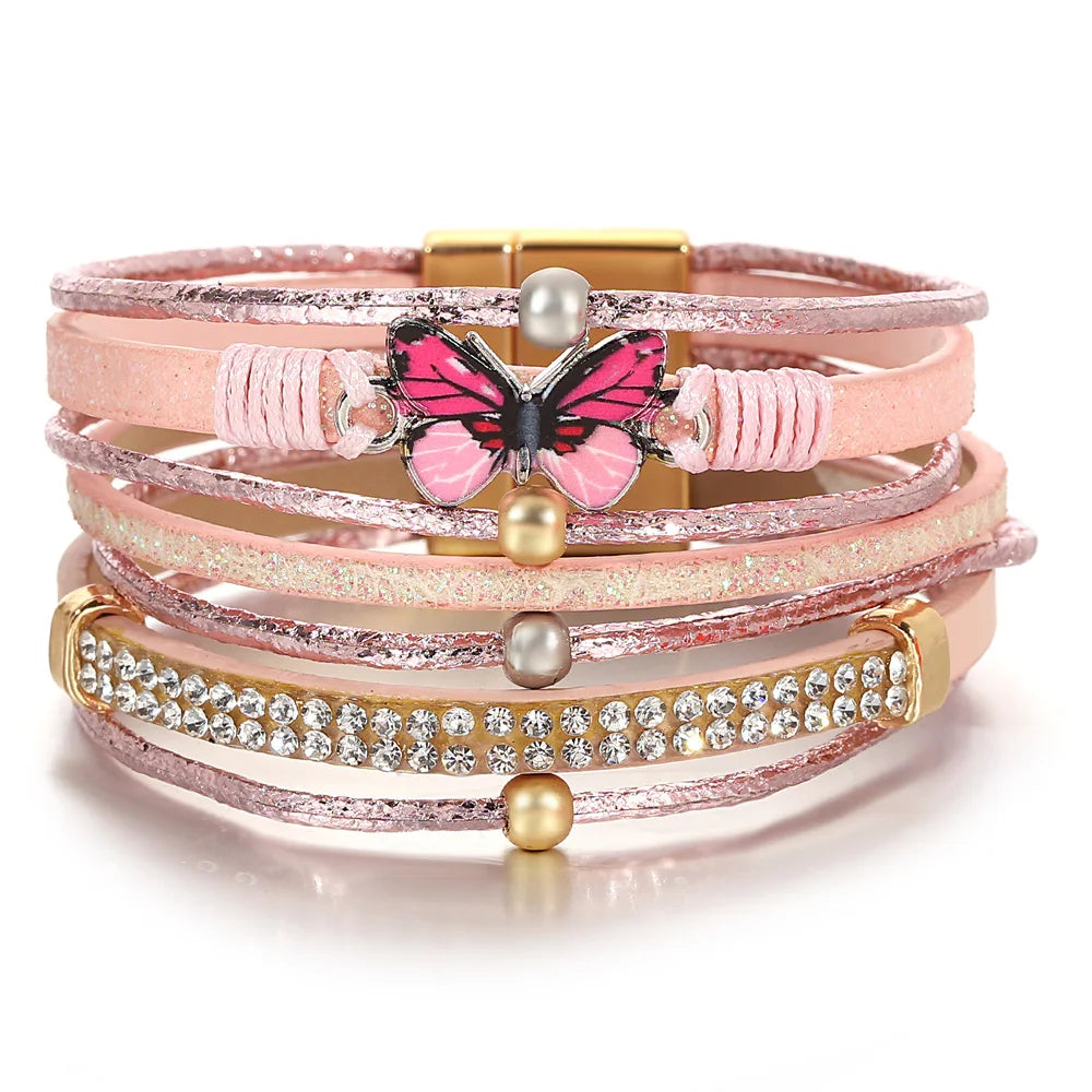 Magnetic Closure Women's Cuff Bracelets with Crystal Embellishments for Easy Wear'Butterfly' Charm Cuff Bracelet - pink