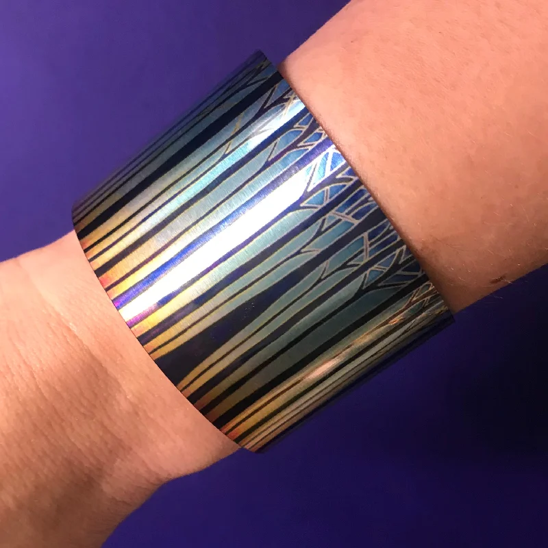 Stackable Women's Cuff Bracelets in Different Sizes and Materials for Layered StylingCathedral Tree Stripes Bracelet in rich stained glass sunset colours- easy wear lightweight aluminium.