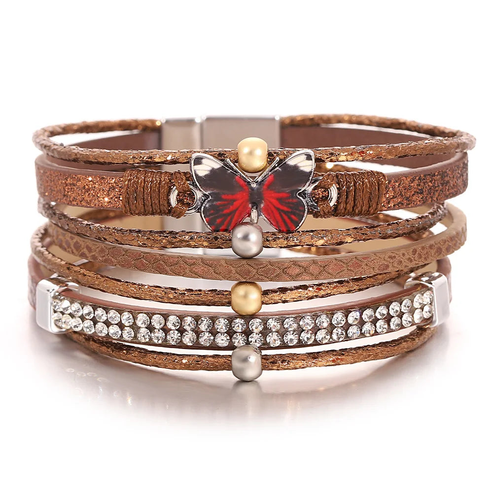 Leather - and - Metal Combo Women's Cuff Bracelets in Rustic Brown for a Western Style'Butterfly' Charm Cuff Bracelet - coffee