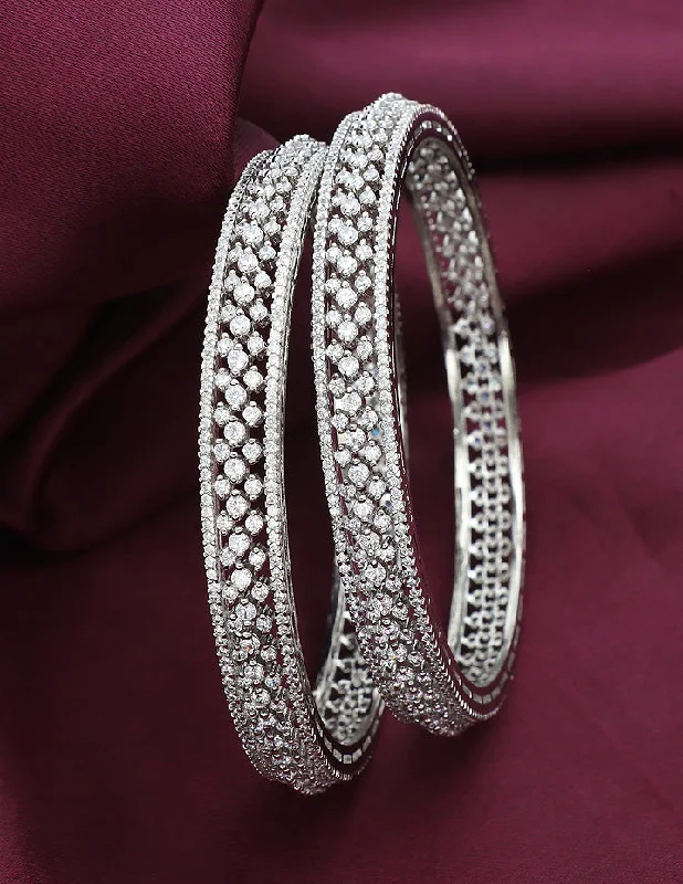 Pearl - Adorned Bangle Bracelets with Delicate Silver ChainsDesigner Zircon Rhodhium Plated Bangles ZBGL11125