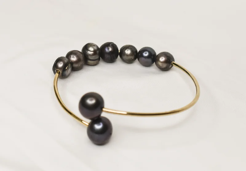 Clear Crystal - Embellished Bangles for a Sparkling and Elegant AppearanceLINA - NATURAL DARK BROWN / BLACK BAROQUE PEARL OPEN BANGLE