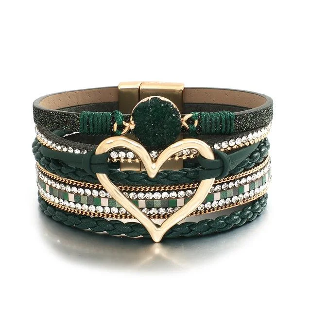 Rose Gold - Toned Women's Cuff Bracelets with Cubic Zirconia for a Glamorous Look'Dalgu' Heart Charm Cuff Bracelet - dark green