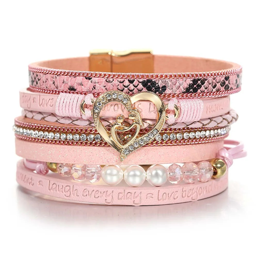 Large - Sized Women's Leather Cuff Bracelets with Studded Details for a Punk - Rock Vibe'Inspired Heart' Rhinestones and Beads Bracelet - pink