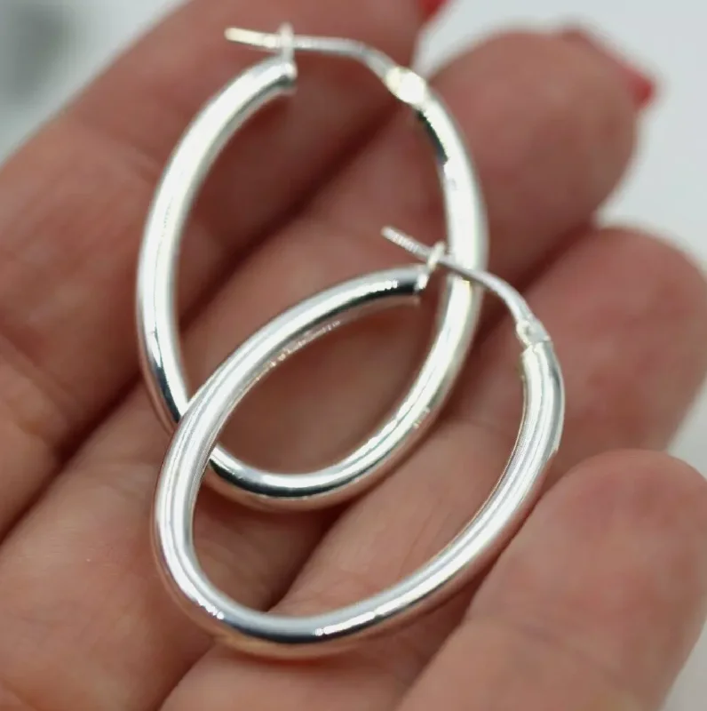 Sterling silver hoop earringsGenuine Sterling Silver 925 Oval Hoops Earrings Plain 33mm x 23mm