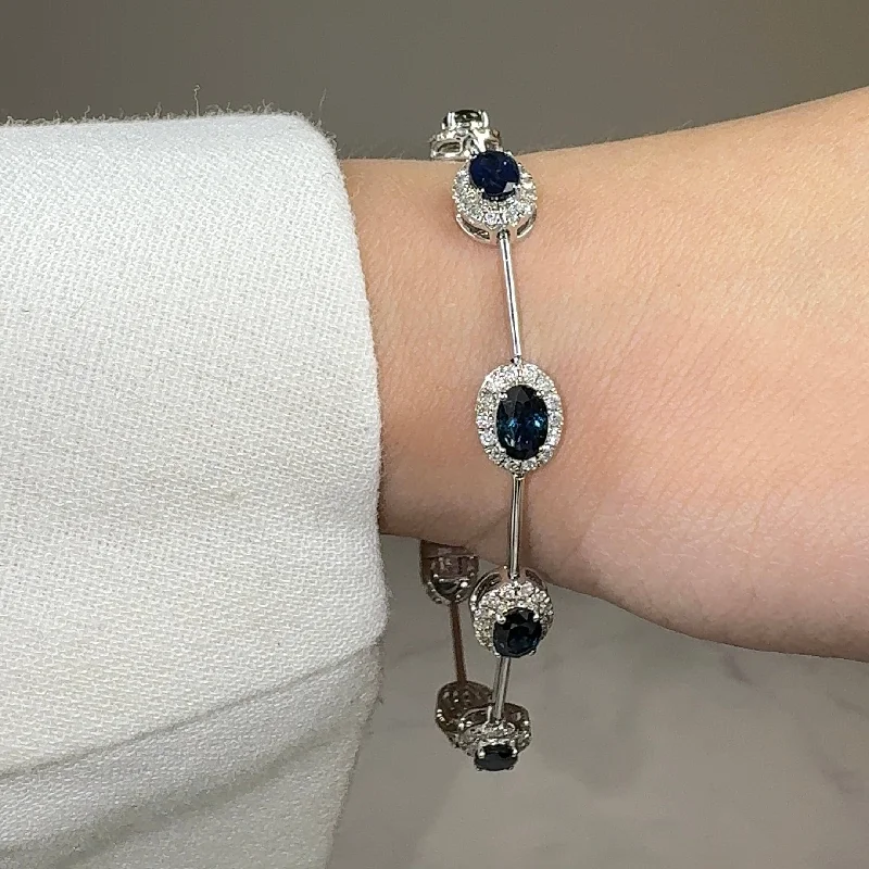 Bangle Bracelets with Adjustable Screw - Closures for a Secure FitOval Shape Sapphire Featuring Diamond Halo 18K White Gold Station Set Bracelet