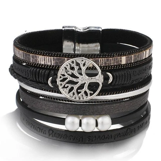 Adjustable Women's Elastic Cuff Bracelets with Pearl Accents for a Feminine Touch'Wise Words' Tree of Life Charm Bracelet - black