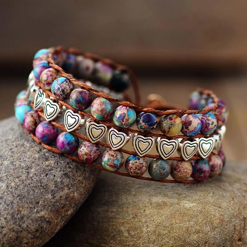 Women's Cuff Bracelets with Tassel Decorations for a Boho - Chic StylePurple Jasper & Heart Beads Cuff Bracelet