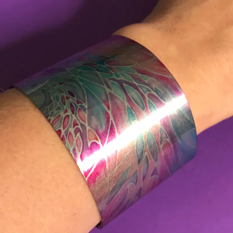 Silk - Wrapped Women's Cuff Bracelets in Soft Pastels for a Delicate and Elegant AppearancePretty Pink Turquoise Swirling Sea Shoal Bracelet - Statement Cuff Bracelet - easy wear lightweight aluminium.