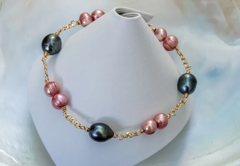 Adjustable Bangle Bracelets with Magnetic Closures for Easy Wear and RemovalLORELEI - Tahitian x pink baroque shaped pearl bracelet