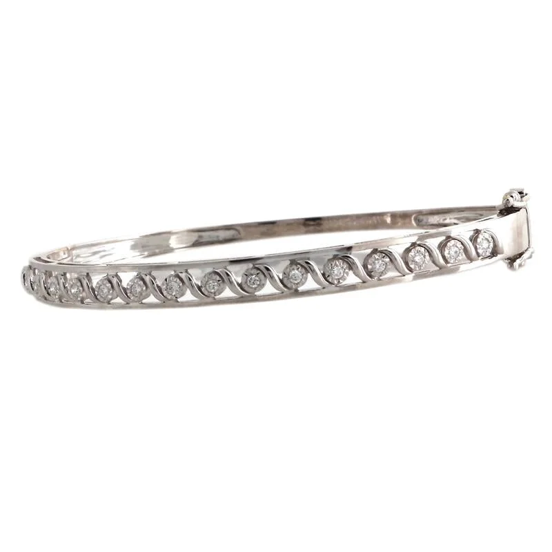 Boho - Style Bangle Bracelets with Feather and Bead Embellishments18K White Gold Diamond Bangle