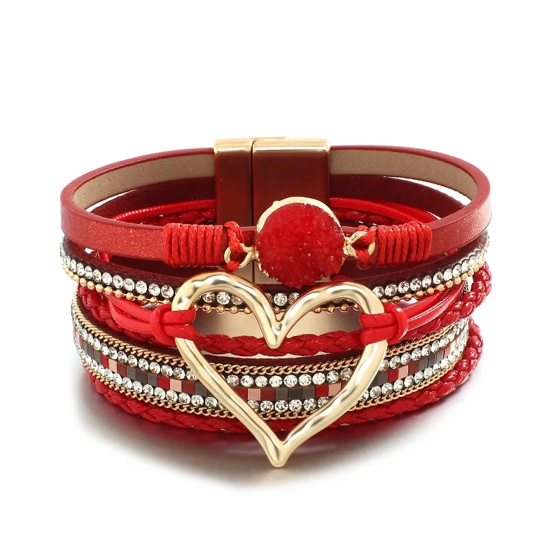 Gold - Plated Women's Cuff Bracelets with Precious Gemstone Inlays for Luxury and Elegance'Dalgu' Heart Charm Cuff Bracelet - red