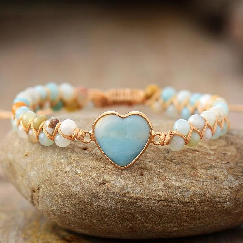 Women's Sterling Silver Cuff Bracelets with Engraved Floral Patterns for a Romantic LookAmazonite Heart Charm Braided Bracelet