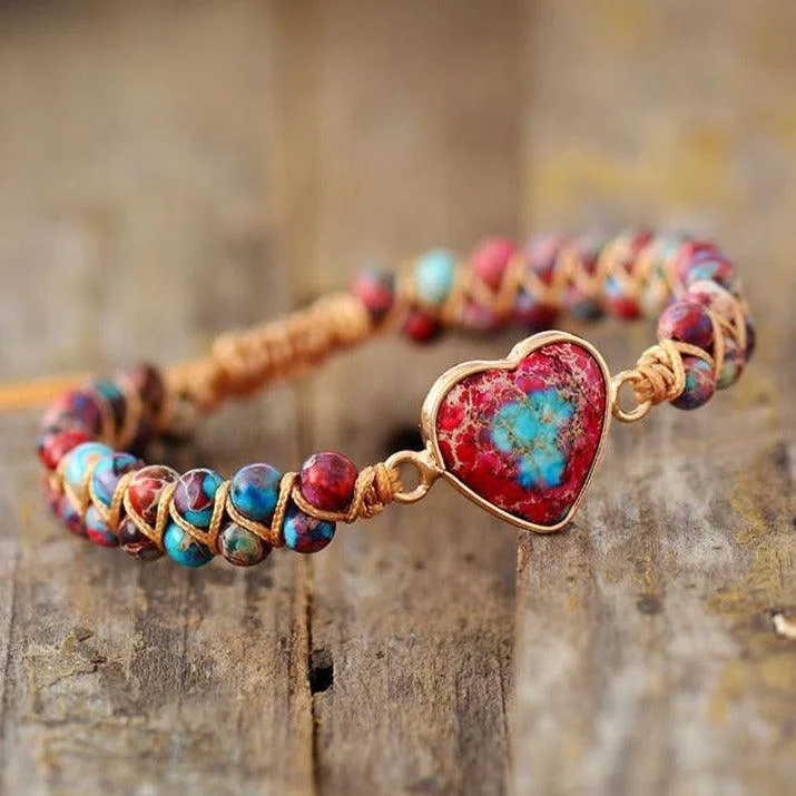 Rose Gold - Toned Women's Cuff Bracelets with Cubic Zirconia for a Glamorous LookJasper Heart Charm Braided Bracelet - red