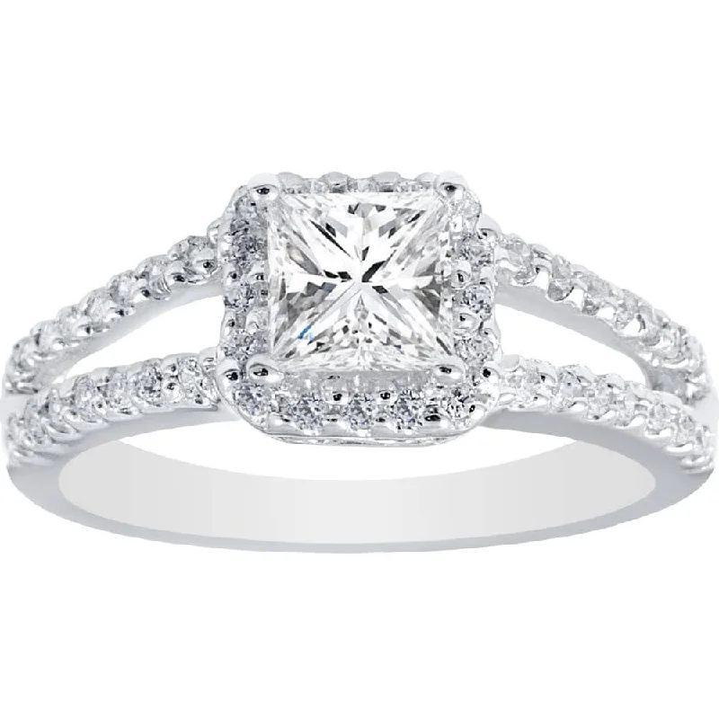 18K White Gold Classic Round - Cut Diamond Wedding Bands for a Timeless and Elegant Look1ct Halo Split Shank Diamond Ring White Gold