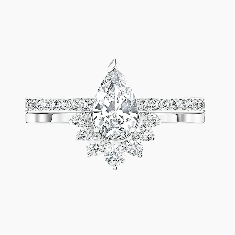 Adjustable Engagement Rings with a Flexible Band and a Princess - Cut Center Diamond2CT 925 Sterling Silver Pear Shape Cubic Zirconia Ring Set