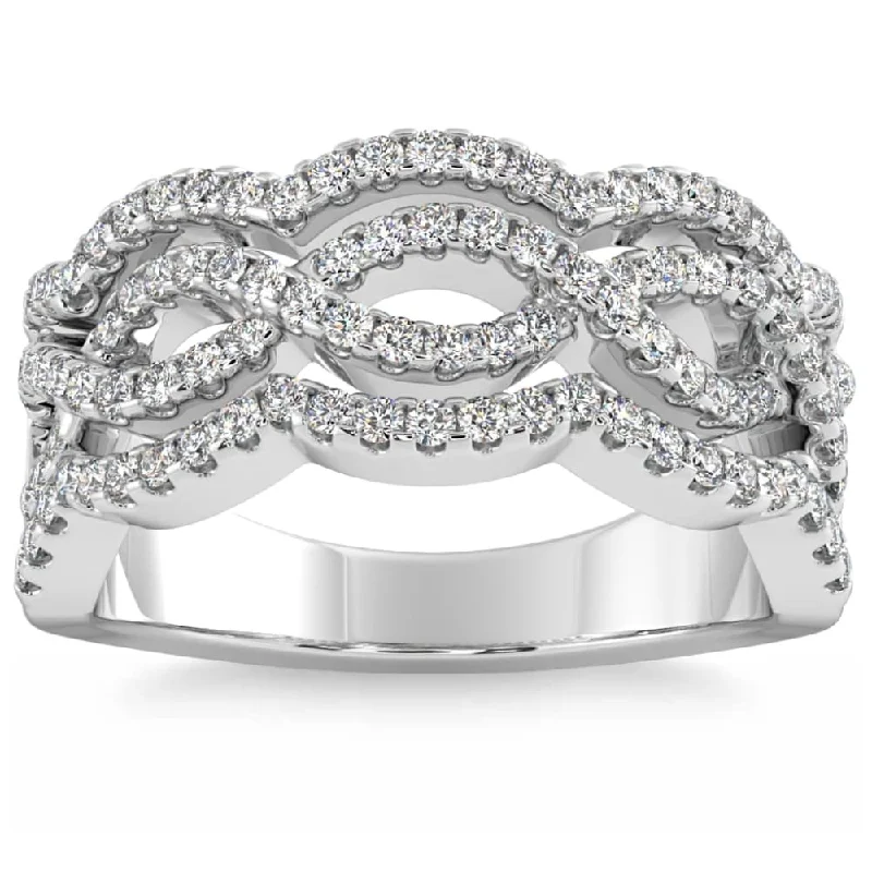 Pearl - and - Diamond - Studded Wedding Bands in White Gold for a Feminine and Elegant Touch3/4Ct Diamond Multi Row Curved Ring Anniversary Fashion Band Gold Lab Grown