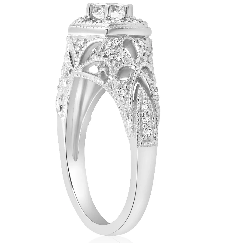 Laser - Etched Floral Design Wedding Bands in Palladium for a Delicate and Intricate Look3/4ct Vintage Halo Round Diamond Engagement Ring White Gold