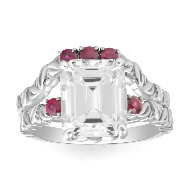 Laser - Etched Floral Design Wedding Bands in Palladium for a Delicate and Intricate Look5 1/2Ct Ruby & Emerald Cut Moissanite Petite Leaf Engagement Set in Gold