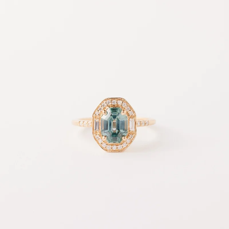 Cushion - Cut Halo Engagement Rings with a Platinum Band and Micro - Pave DetailsAthena ring - 1.75 Carat Blue-Teal Montana Sapphire