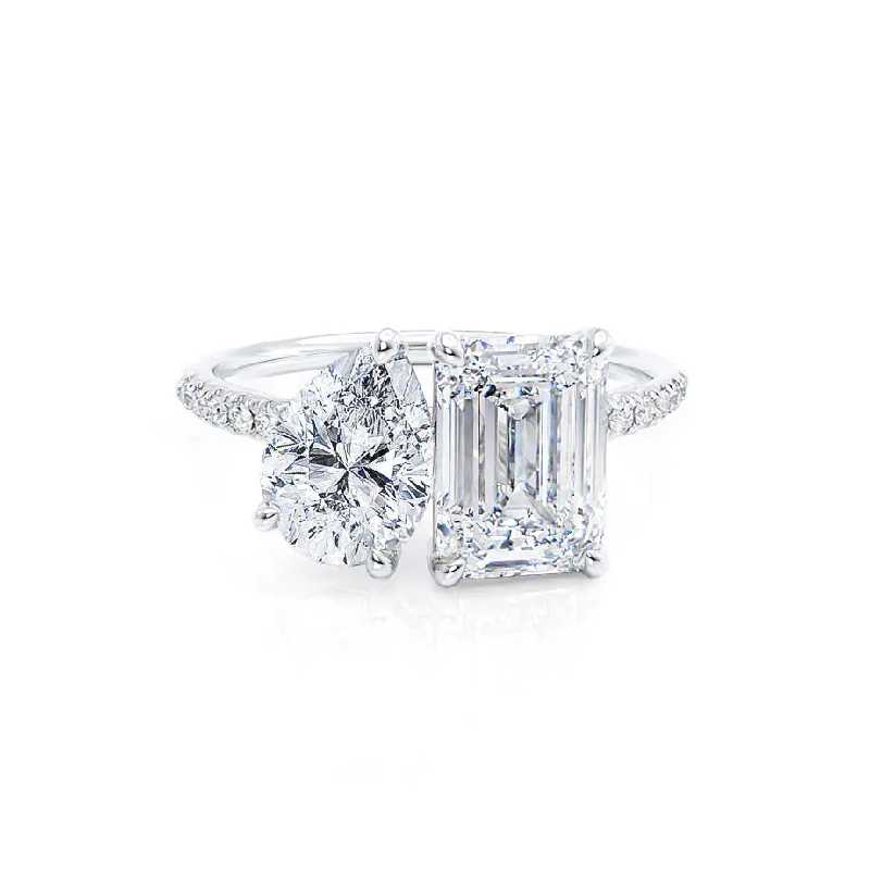 Princess Cut Engagement Rings in 18K White Gold with Micro - Pave Side StonesCELESTE - Toi et Moi Moissanite Emerald & Pear Diamond Band Ring 18k White Gold