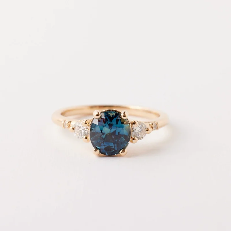 Vintage Cluster Engagement Rings with Antique - Cut Diamonds and Silver FiligreeClio Ring - 1.75 Carat Roval Blue-Teal Sapphire