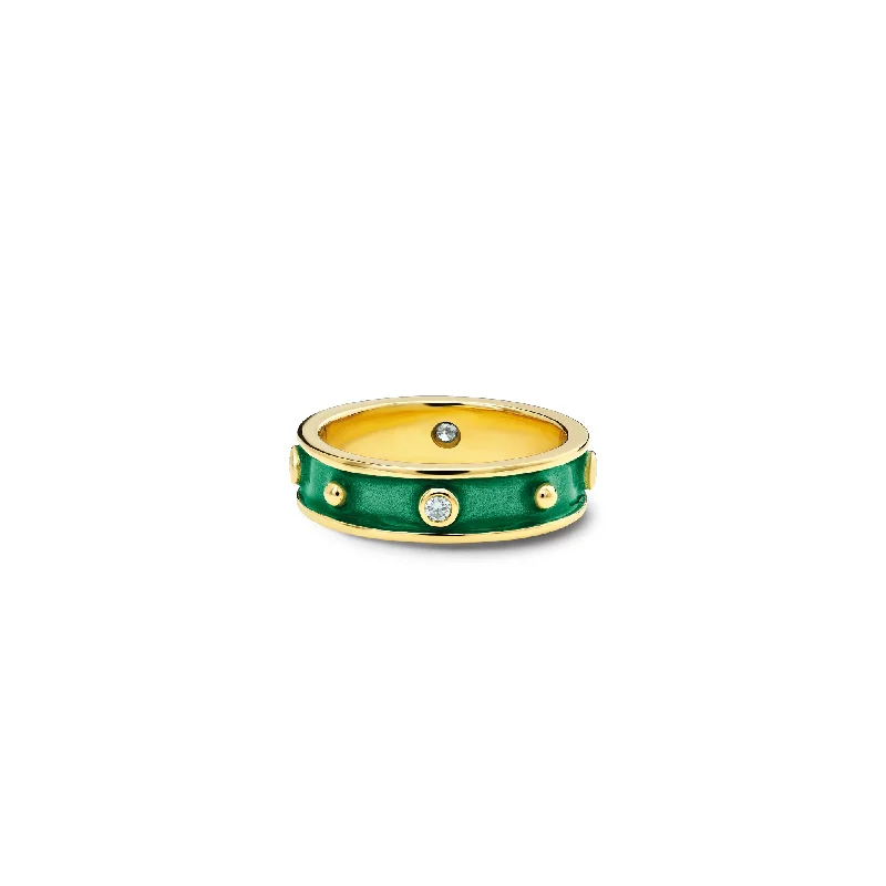 Oval Cut Engagement Rings in Palladium with a Hidden Halo for a Surprise SparkleDecimus Ring 18ct Yellow Gold - Emerald Green Enamel & Diamond