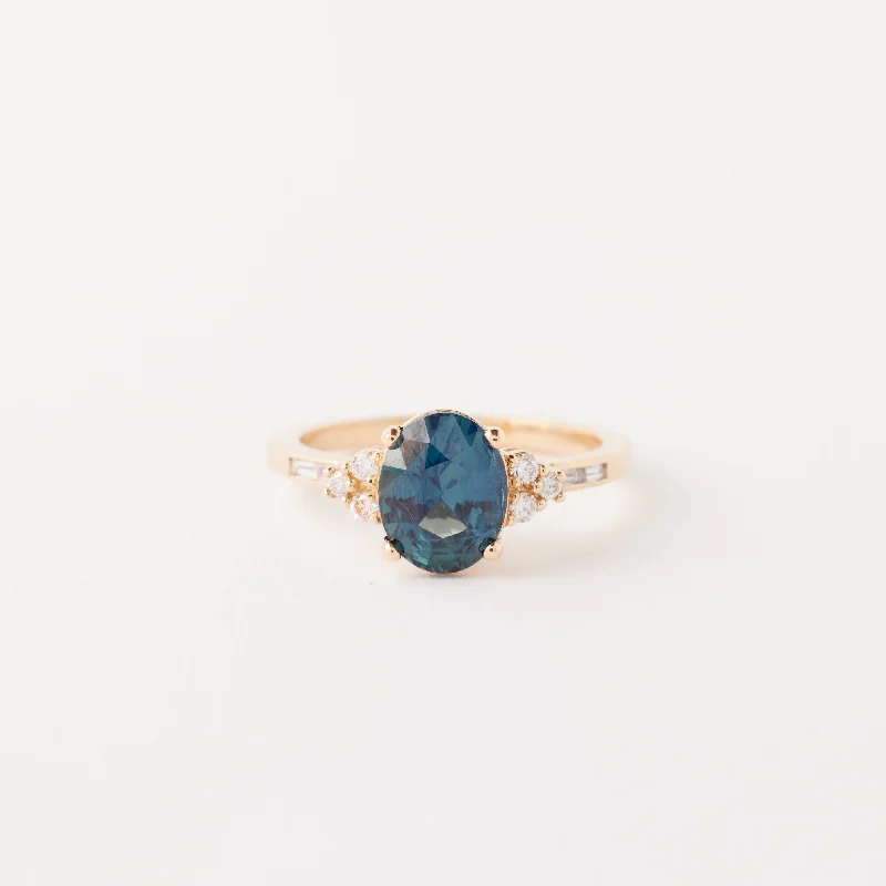 Classic Round Cut Engagement Rings with Platinum Prongs and Halo Setting for Timeless EleganceMarigold ring - 2.07 Carat Green Blue Oval Sapphire