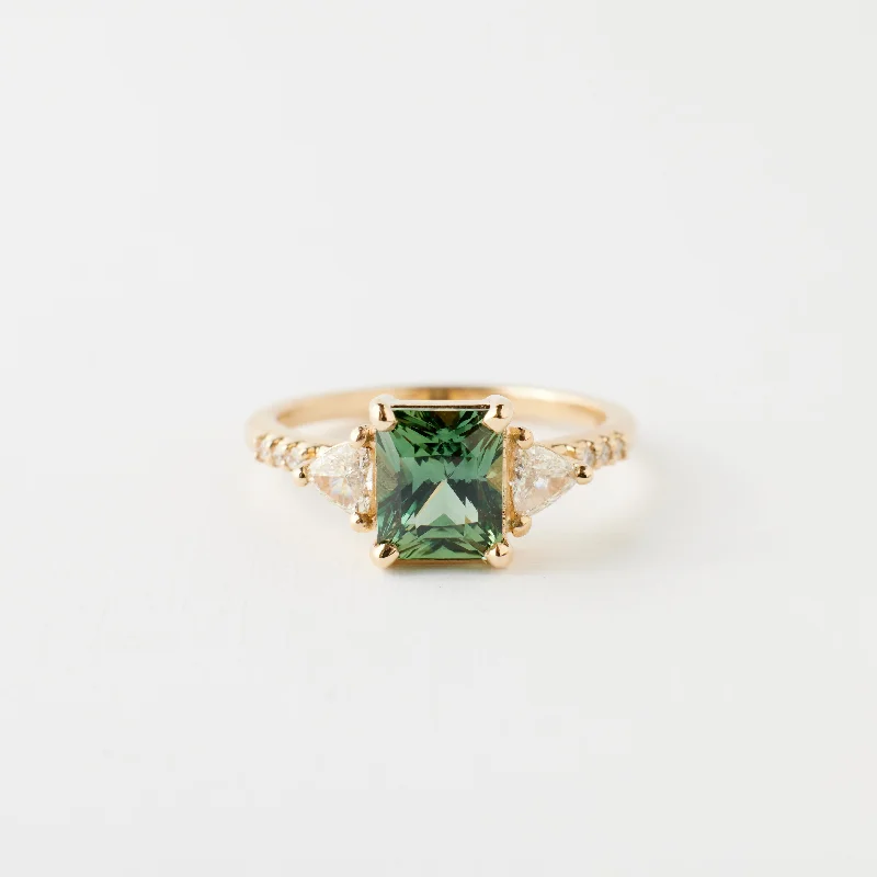 Adjustable Engagement Rings with a Flexible Band and a Princess - Cut Center DiamondPortia Ring - 2.06 Carat Green-Teal Radiant Sapphire