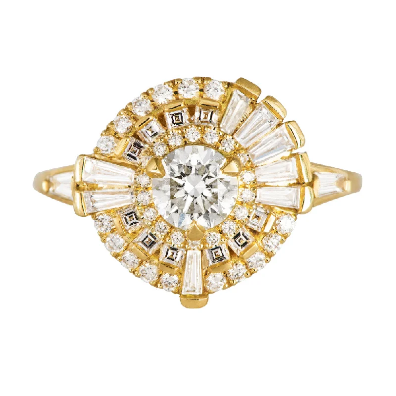 Pear - Shaped Engagement Rings in Yellow Gold with a Diamond - Encrusted BandRound Diamond Cluster Ring with Asymmetric Frills